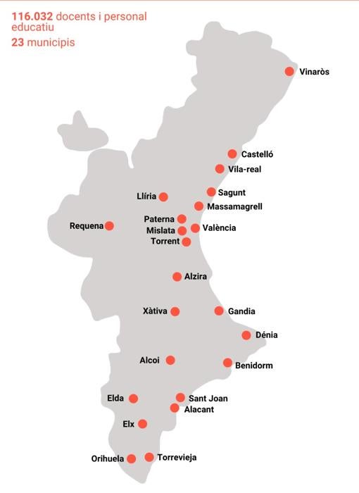 Mapa de los municipios en los que se producirá la vacunación de los docentes