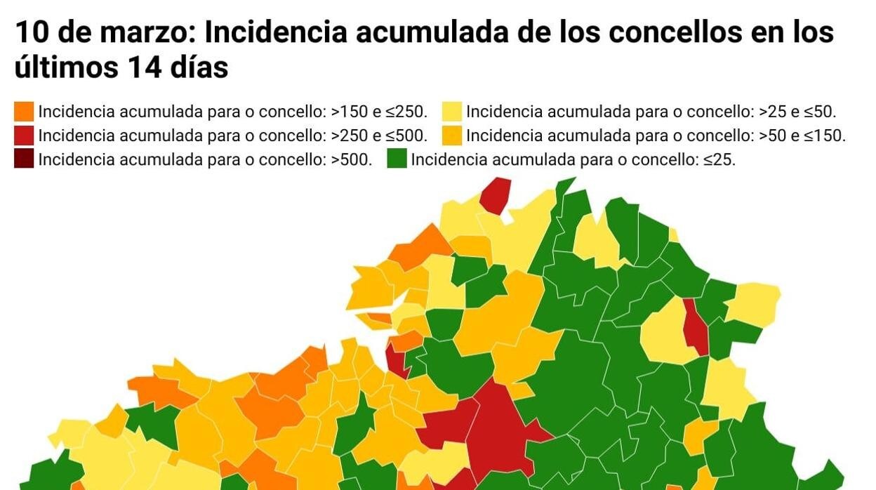 Mapa de Galicia con la IA y el número de casos a 14 días
