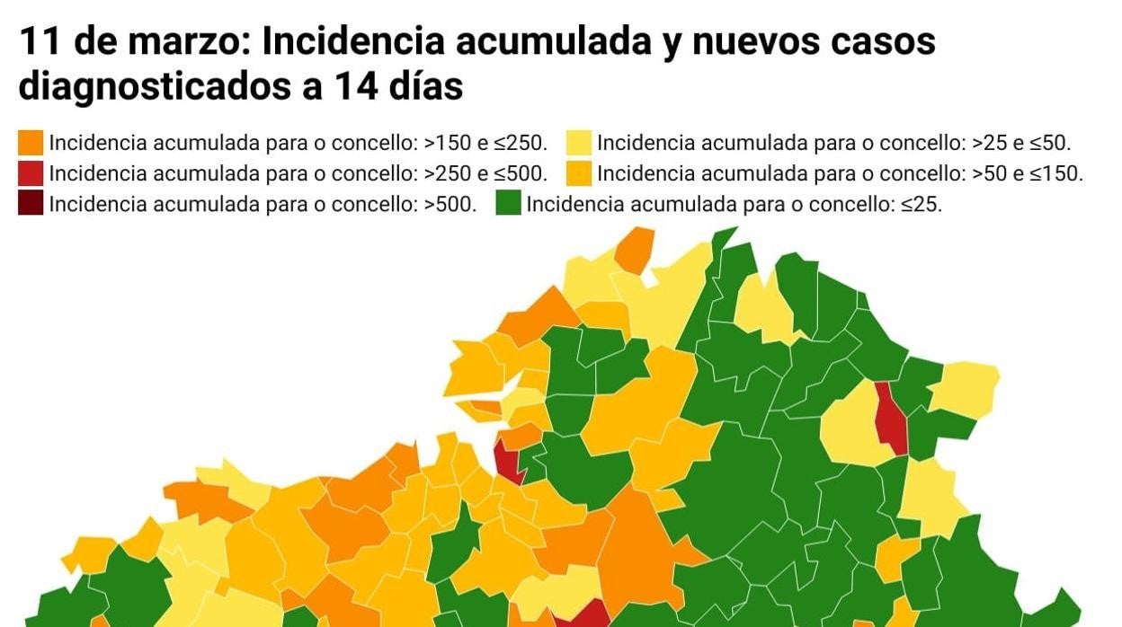 Mapa de incidencia acumulada y número de casos de cada concello