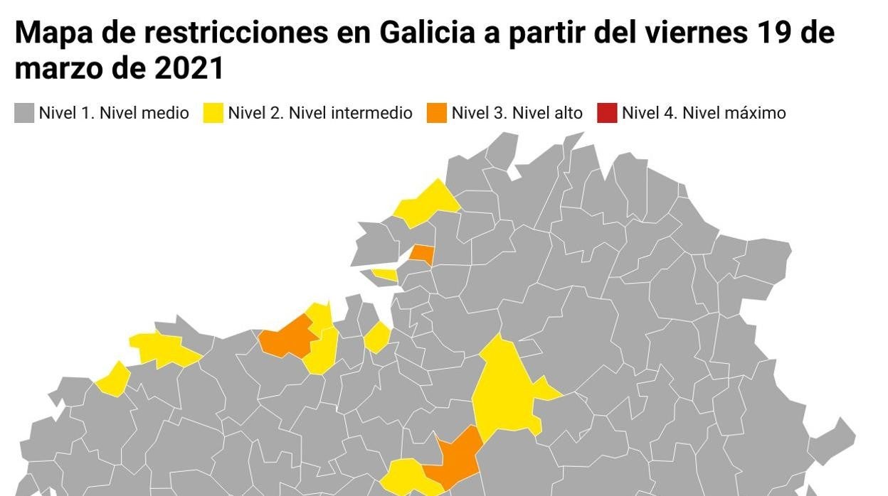 Mapa de Galicia con las restricciones anunciadas por la Xunta a partir del 19 de marzo