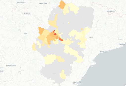 Distribución geográfica de los contagios de Covid detectados entre el miércoles 17 y el jueves 18 de marzo en Aragón. En gris, las zonas sin casos nuevos. Cuanto más intenso es el color, más casos detectados en esa zona