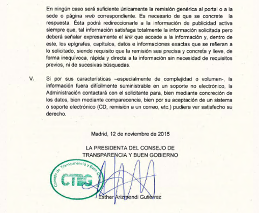 Detalle de la normativa formulada por el Consejo de Transparencia que señala que no se puede redirigir al ciudadano a un enlace web genérico si no contiene toda la información solicitada
