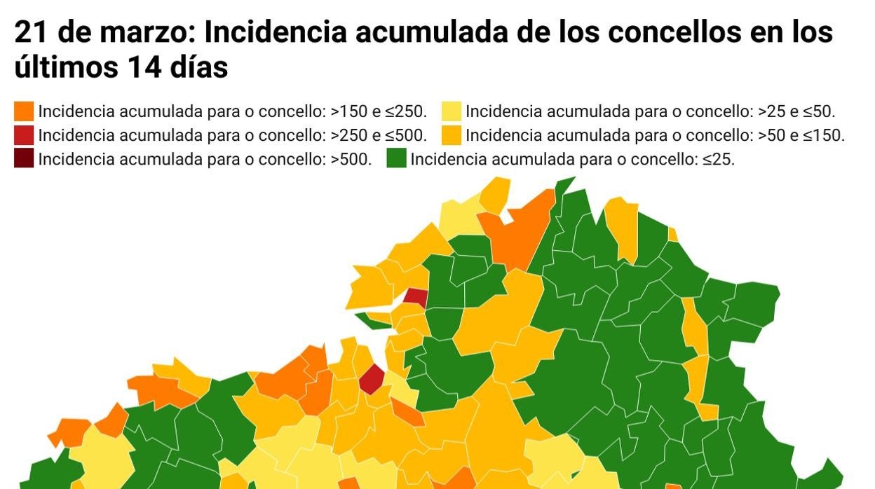 Mapa con la incidencia del coronavirus a 14 días