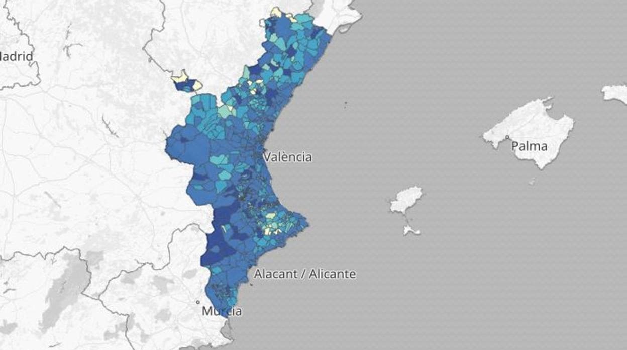Mapa de la incidencia del coronavirus por municipios en la Comunidad Valenciana según las pruebas PCR y los test de antígenos