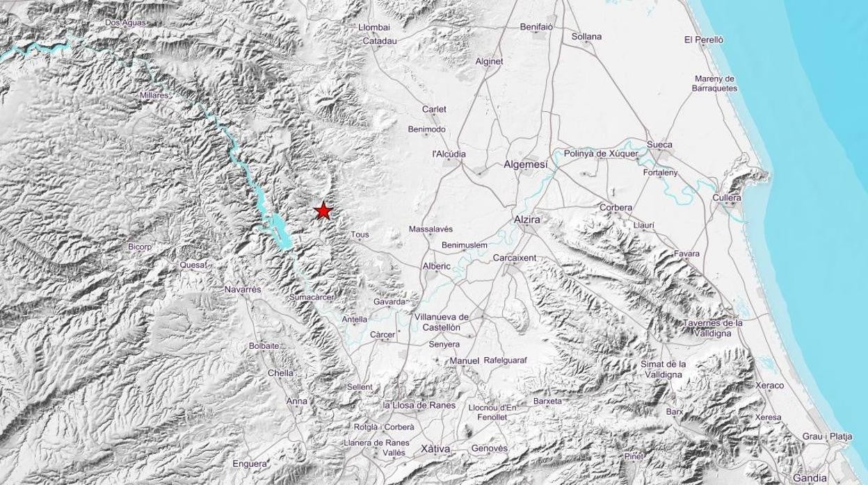 Mapa de la zona en la que se ha producido el terremoto en Tous (Valencia)