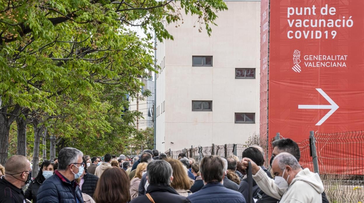 Imagen de la cola para recibir la vacuna contra el coronavirus en el exterior del Hospital La Fe de Valencia