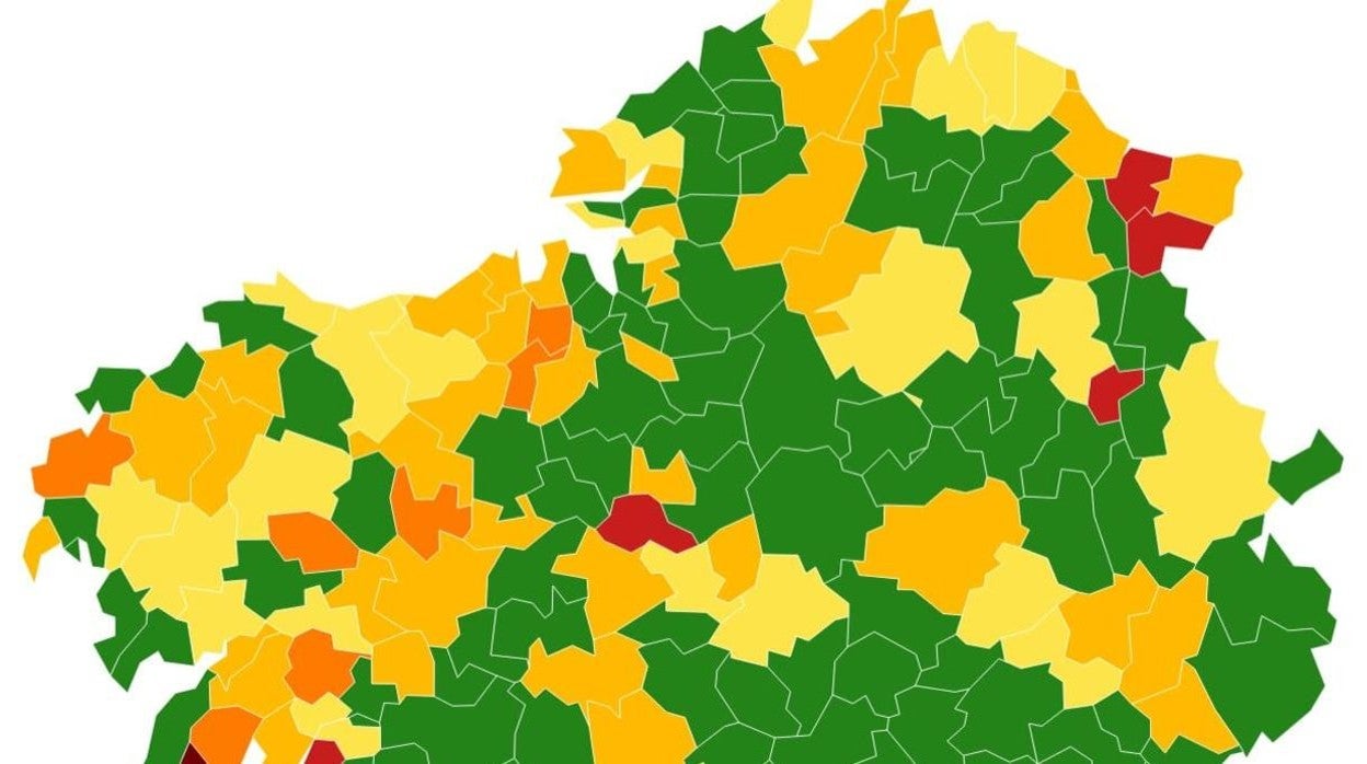 Mapa de la incidencia del coronaviruts en los 313 concellos gallegos