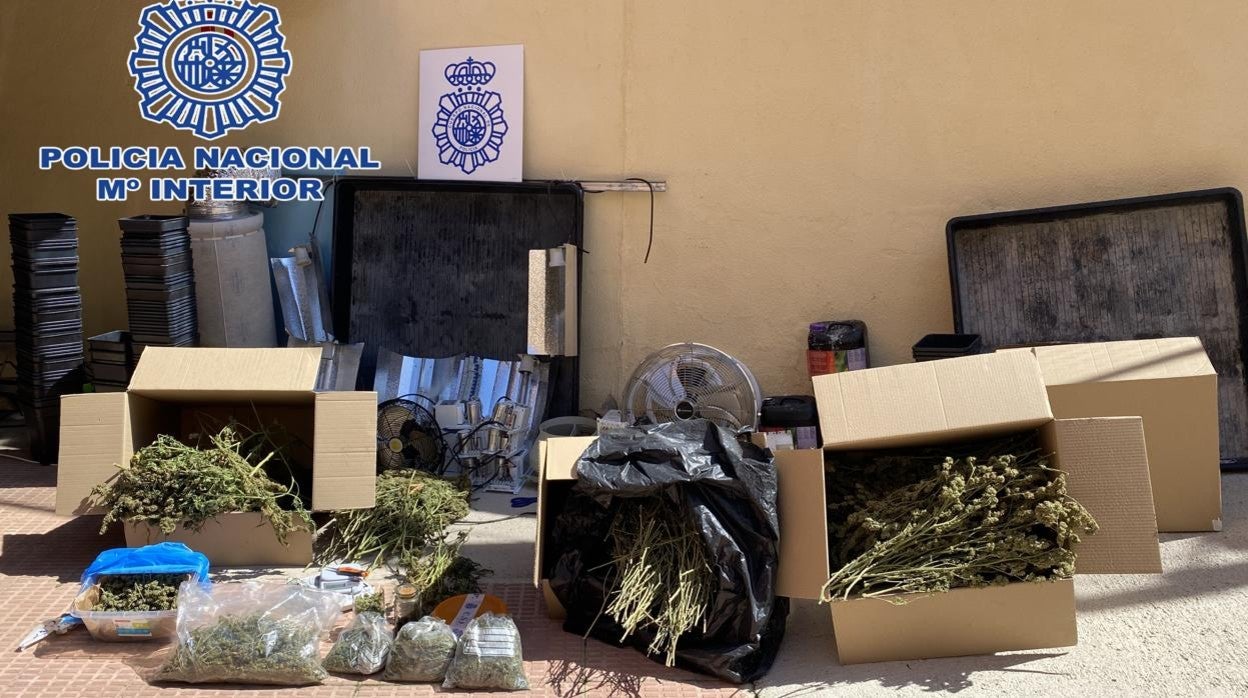 Material y marihuana incautadas a las personas detenidas