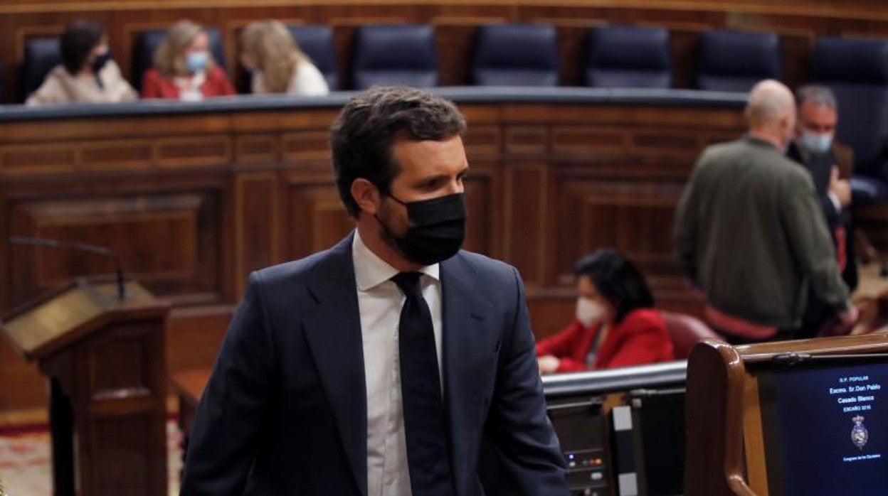 El presidente del PP, Pablo Casado, este miércoles en el Congreso