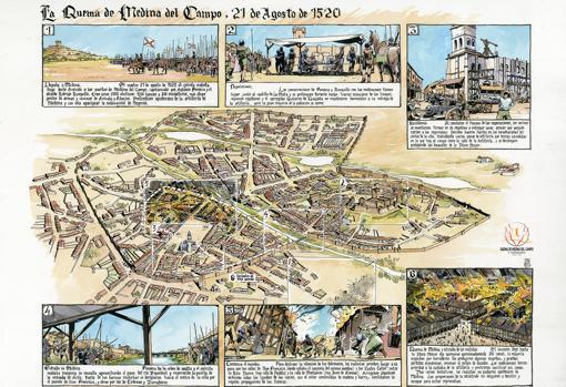 Ilustración de Bellido y Belloso sobre la quema de Medina del Campo