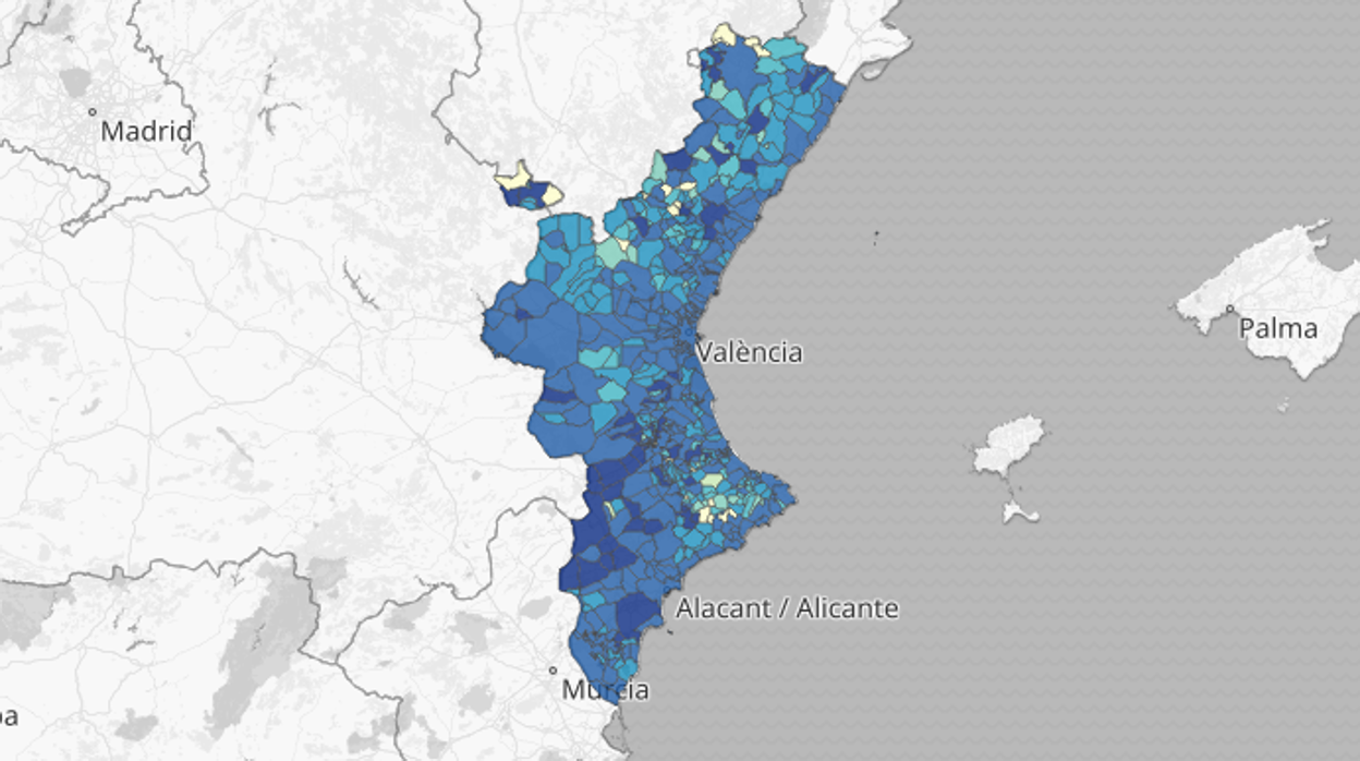 Mapa de la incidencia acumulada del coronavirus por municipios en la Comunidad Valenciana según las pruebas PCR y los test de antígenos