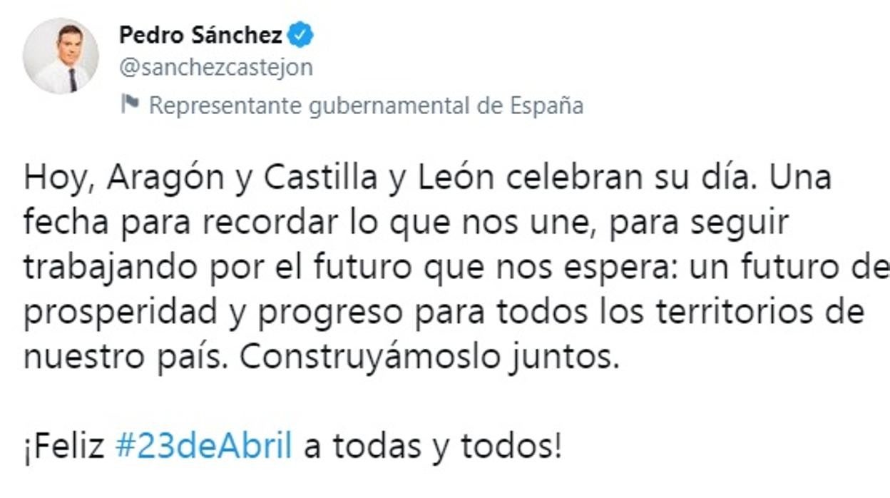 El tuit del presidente del Gobierno, Pedro Sánchez, sobre el Día de Castilla y León