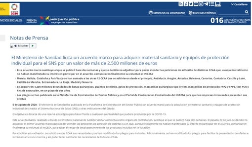 Detalle del anuncio con el que el Gobierno oficializó el megacontrato sanitario