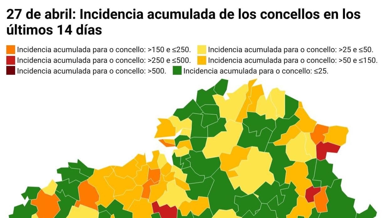 Mapa a 14 días de la incidencia acumulada de coronavirus en los 313 concellos gallegos