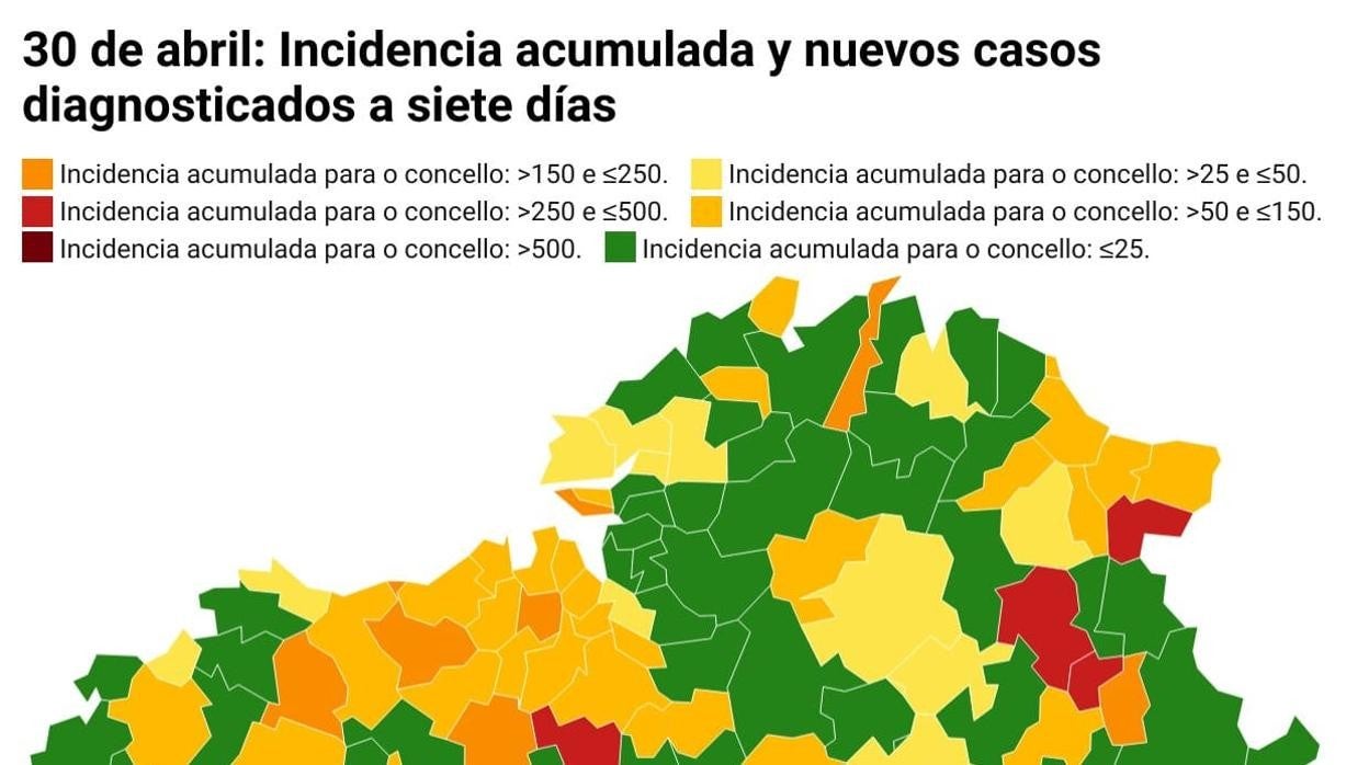 Mapa de incidencia del coronavirus en Galicia