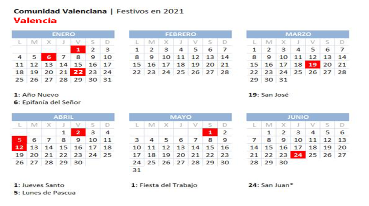 Calendario laboral 2021 en Valencia: todos los festivos y puentes desde el 1 de mayo hasta final de año