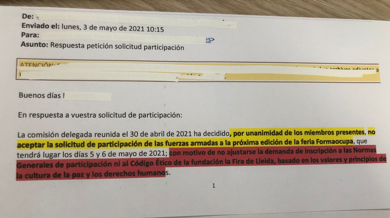 Correo electrónico de la Feria de Lérida al Ejército negándole la asistencia al salón de empleo y formación