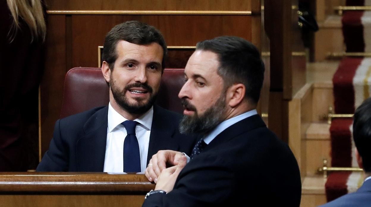 Pablo Casado y Santiago Abascal durante una sesión en el Congreso de los Diputados
