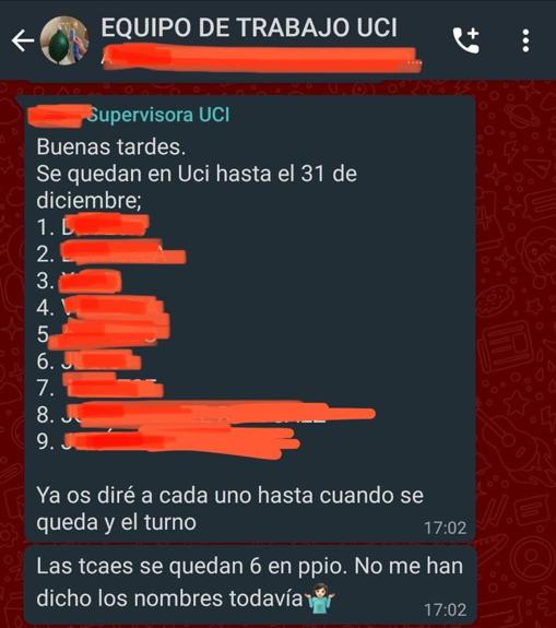 Captura de uno de los mensajes de WhatsApp en los que se notifica los profesionales de refuerzo en la UCI de un hospital valenciano que continúan hasta el 31 de diciembre