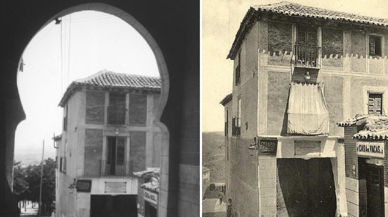 A la izquierda, Arco de la Sangre y la posada del mismo nombre en una foto estereoscópica de A. Beer. A la derecha, una postal de Constantino Garcés, editada hacia 1904. Archivo Municipal de Toledo