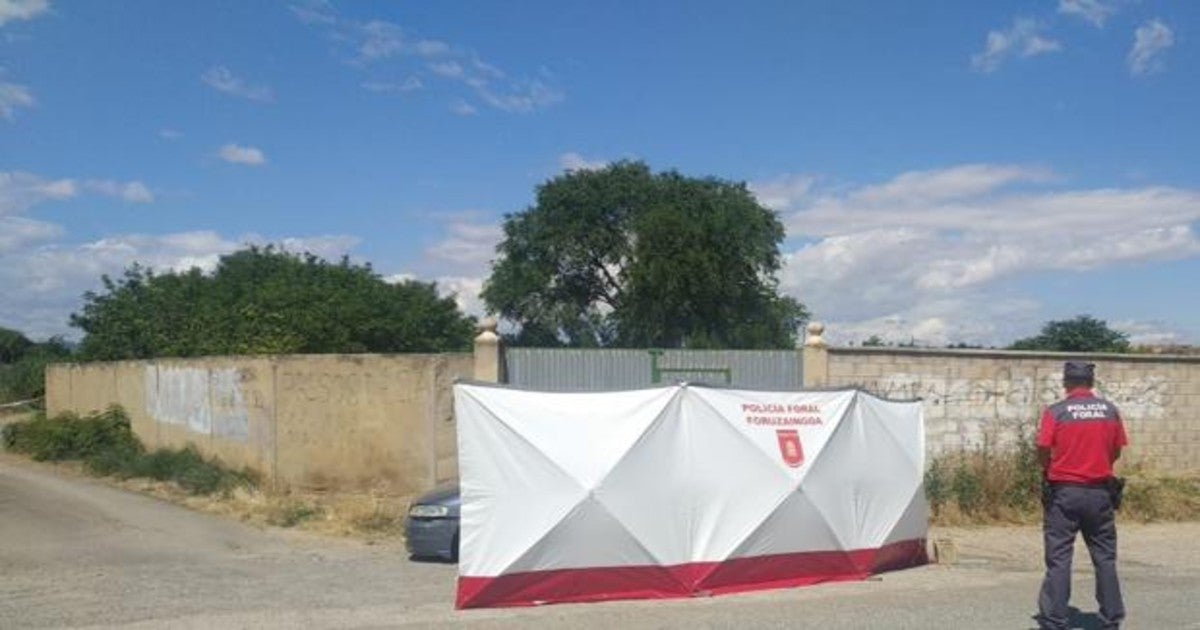 El coche de la mujer fallecida tras la pantalla instalada por Policía Foral en el lugar de los hechos en Murchante