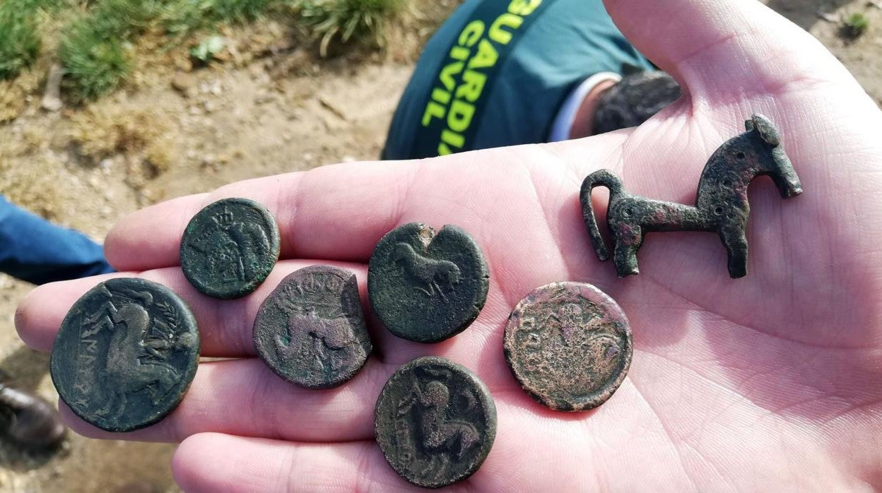 Algunas de las monedas y piezas recuperadas del domicilio en Calderuela, Soria