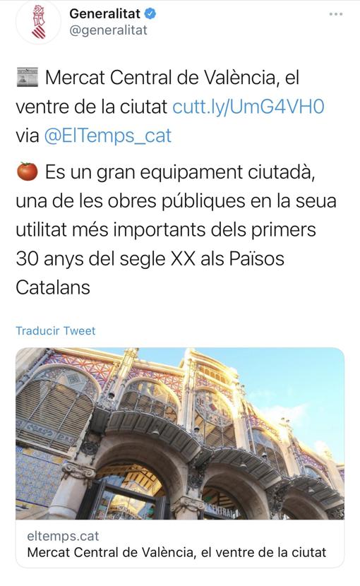 Captura del tuit publicado por la cuenta oficial de la Generalitat Valenciana