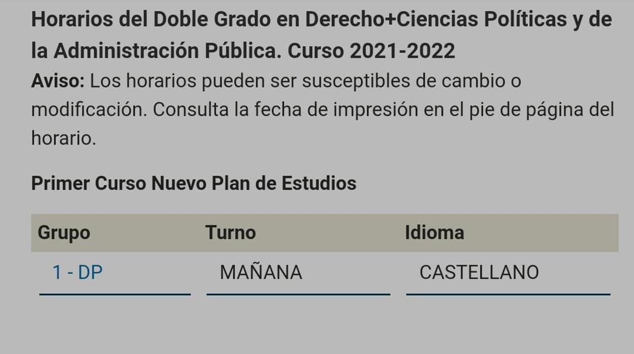 Captura que muestra que el doble grado iba a impartirse en castellano