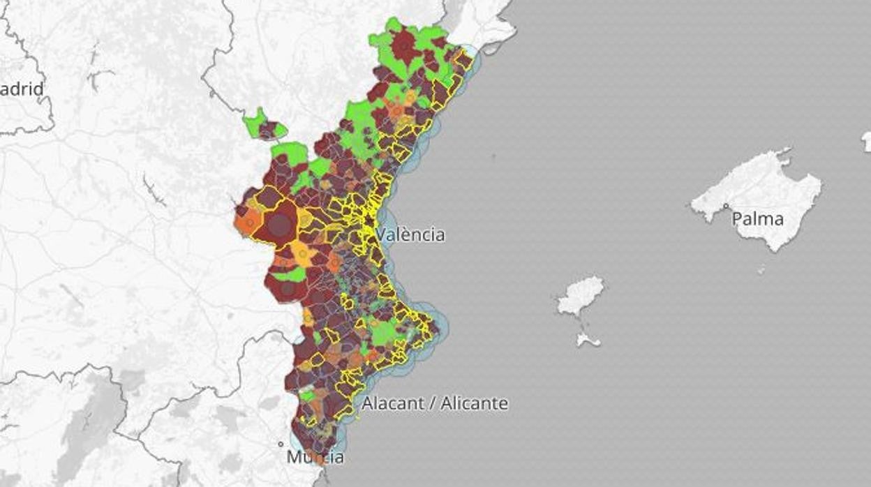 Imagen del mapa de la incidencia acumulada del coronavirus en los últimos catorce días