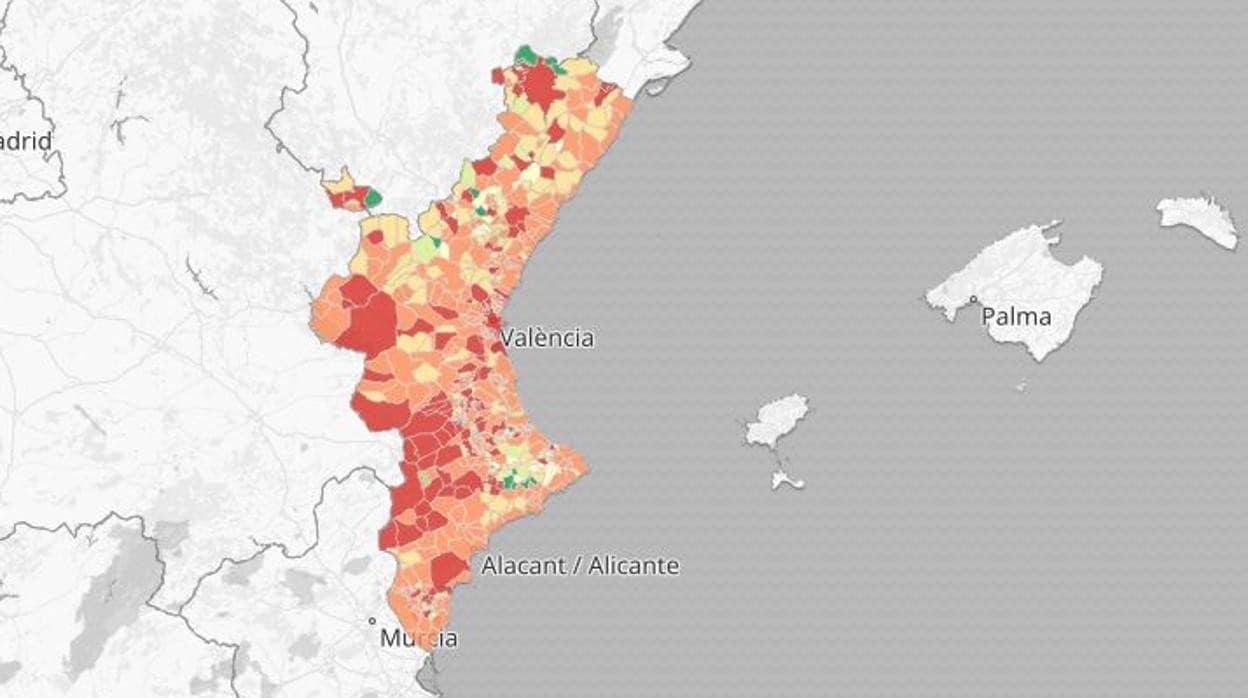 Imagen del mapa de la incidencia del coronavirus en la Comunidad Valenciana