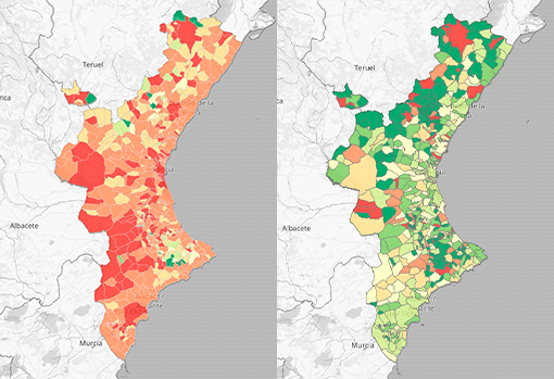 Mapa del total de positivos (izquierda) y muertes (derecha) por coronavirus en la Comunidad Valenciana desde marzo de 2020 hasta agosto de 2021