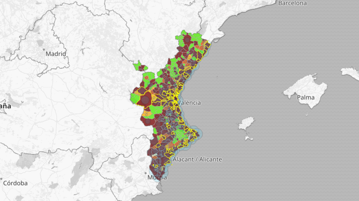 Mapa de la incidencia del coronavirus a 14 días según las pruebas PCR y test de antígenos en la Comunidad Valenciana, por municipios