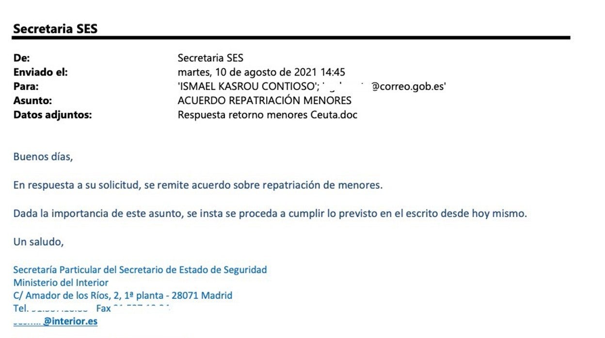 El email que adjuntaba la carta de Interior, único acto administrativo que consta