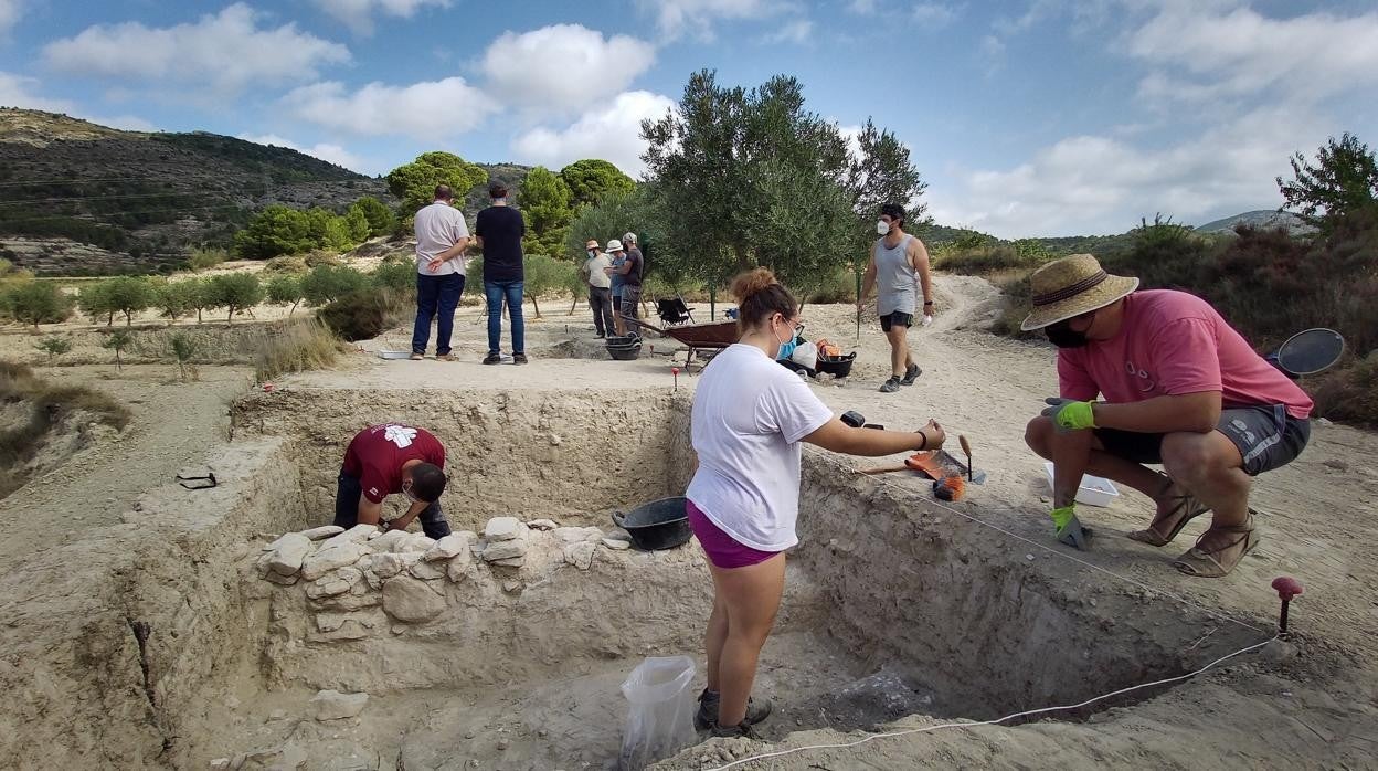 Arqueólogos y estudiantes voluntarios inspeccionan el yacimiento de Petrer