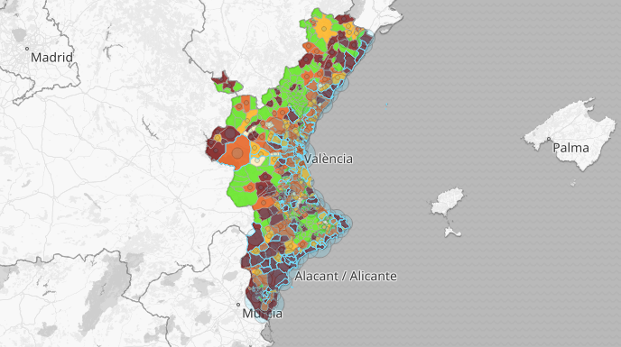 Mapa de la incidencia del coronavirus en 14 días por municipios de la Comunidad Valenciana según las pruebas PCR y los test de antígenos