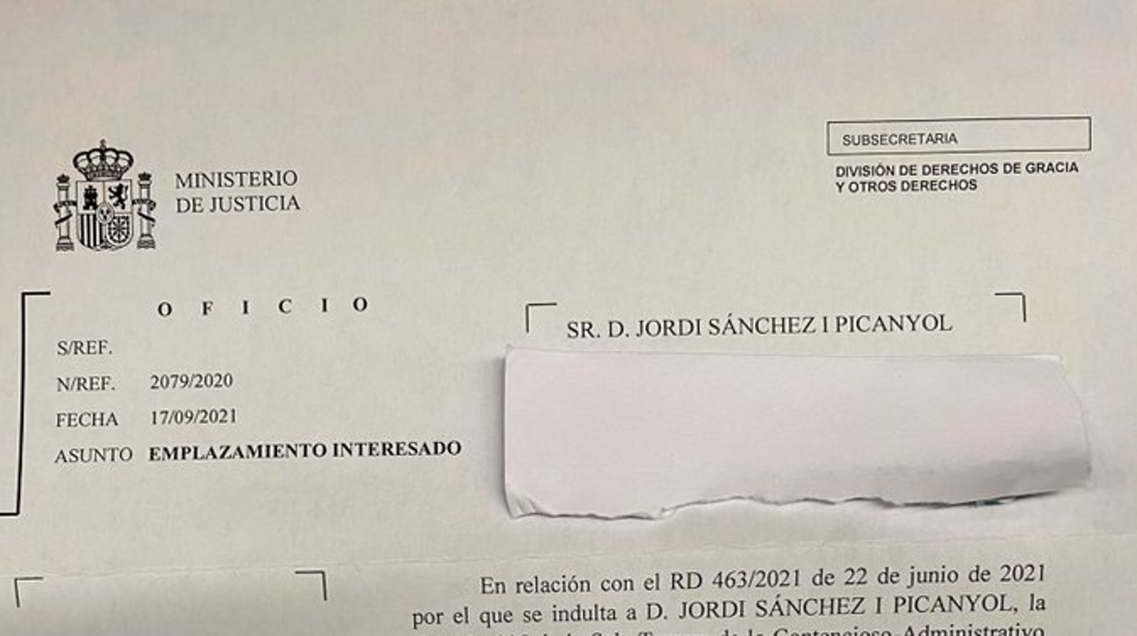 Detalle del oficio del Ministerio de Justicia enviado a Jordi Sànchez anunciándole el recurso interpuesto por Entic Millo