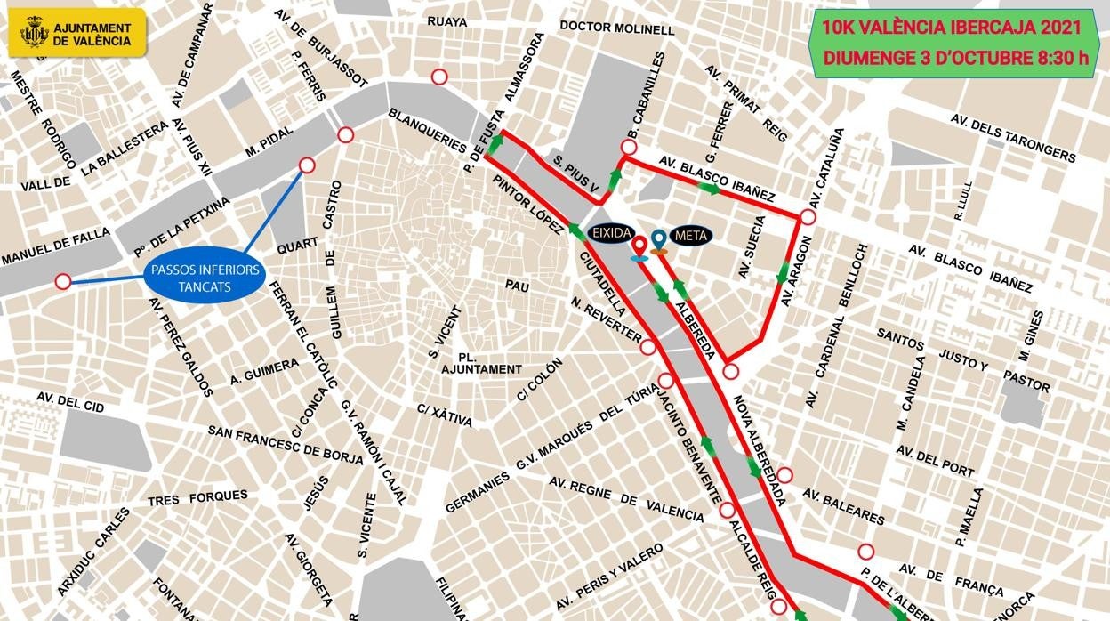 Mapa con el recorrido de la carrera 10K Ibercaja que se celebra el domingo 3 de octubre en Valencia