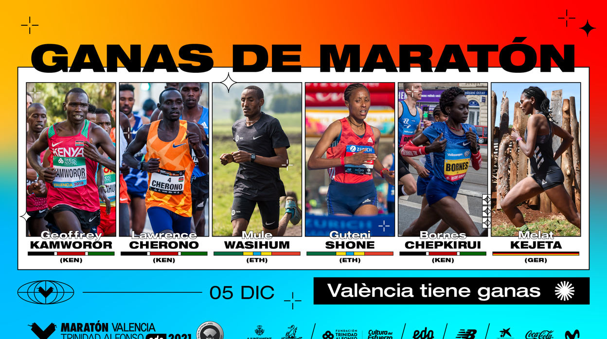 Imagen en la que aparecen algunos de los atletas internacionales que participarán en la Maratón de Valencia 2021