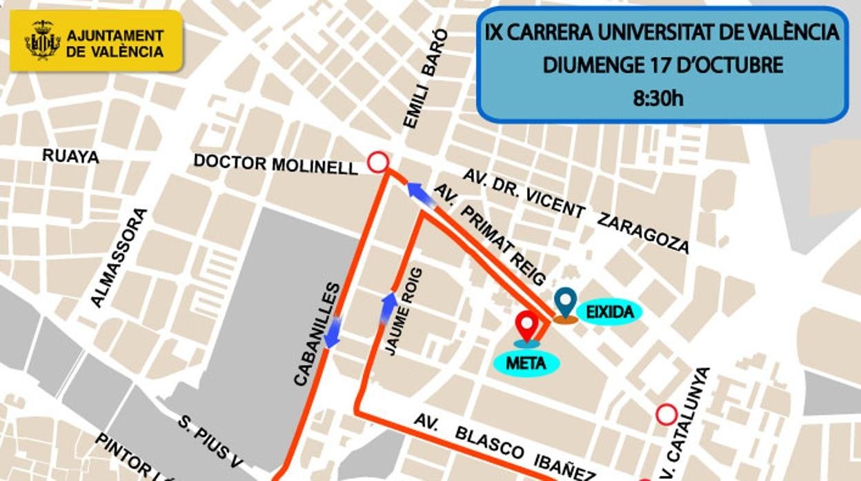 Imagen del mapa de la Carrera Universidad de Valencia que se celebra este domingo 17 de octubre