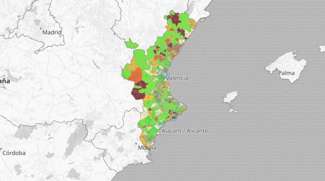 Mapa de la incidencia acumulada del coronavirus en catorce días en la Comunidad Valenciana