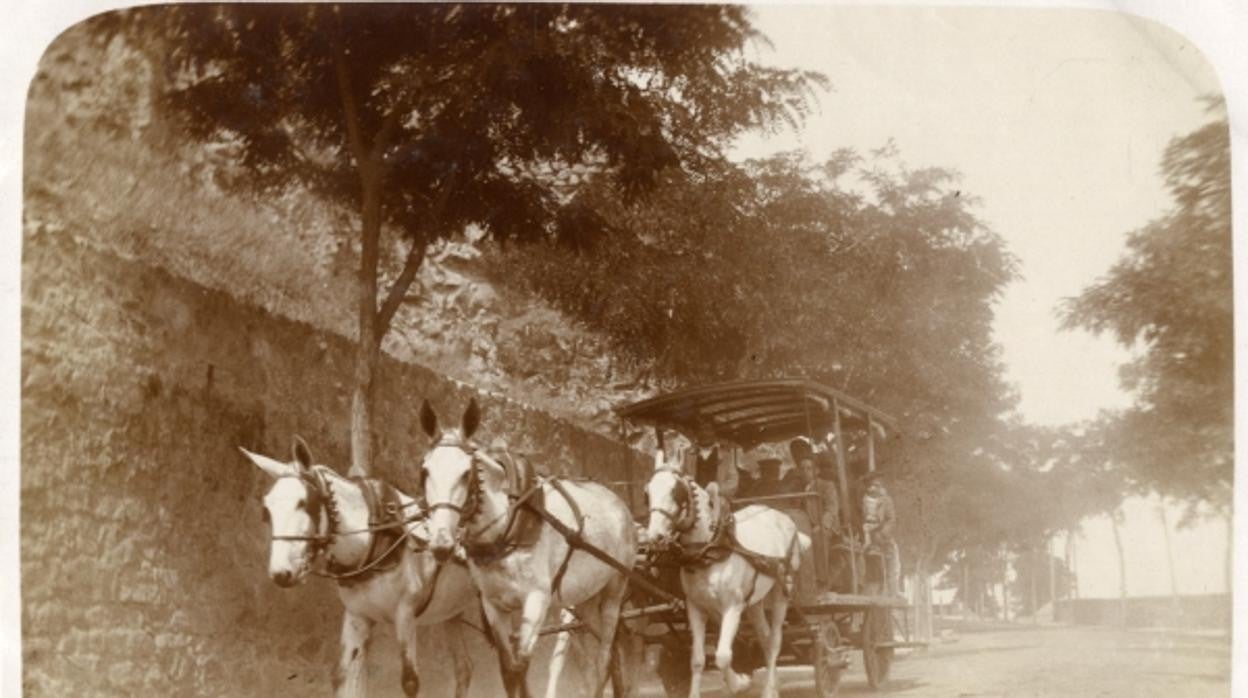 Ómnibus tirado por mulas bajando con viajeros por la calle Gerardo Lobo hacia la Estación de Toledo en 1905. Archivo Municipal de Toledc