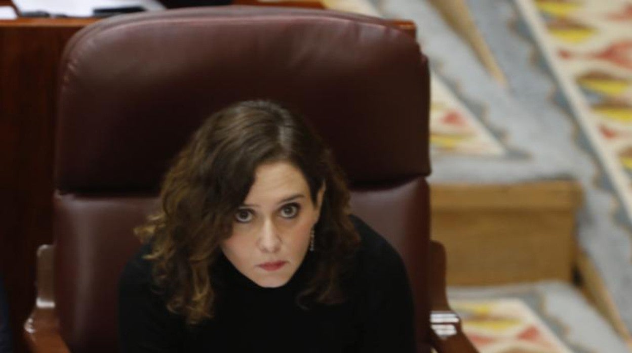 La presidenta de la Comunidad de Madrid, Isabel Díaz Ayuso, hoy en el pleno de la Asamblea de Madrid