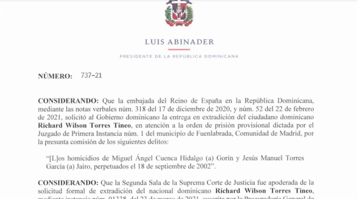 El decreto firmado el viernes por Luis Abinader para extraditar a Richard Wilson Torres Tineo