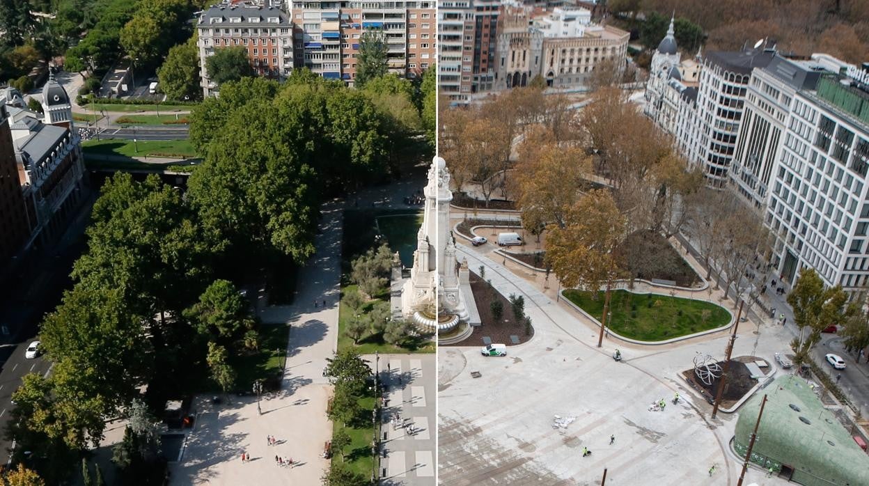 La Plaza de España antes (izquierda, 2015) y después (derecha, 2021)