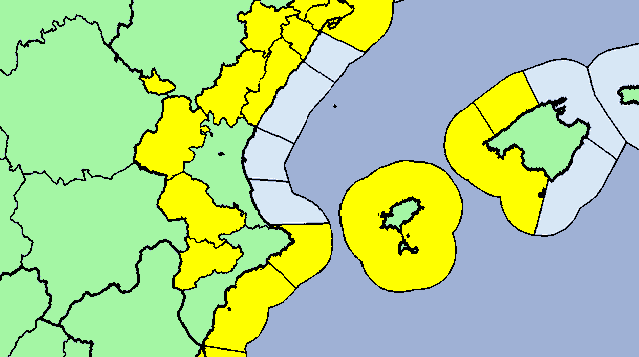 Mapa con las diferentes alertas emitidas por Aemet en la Comunidad Valenciana para este fin de semana