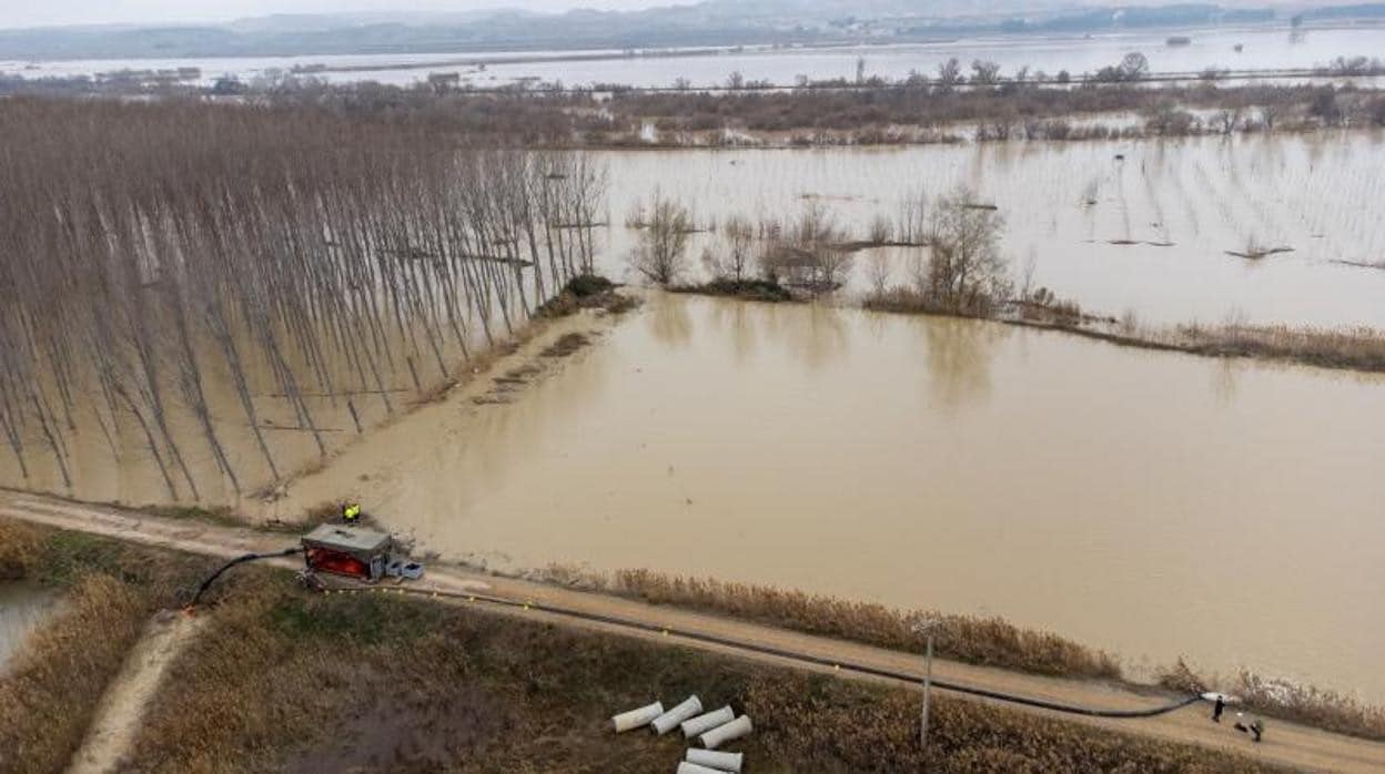 Imagen de campos inundados por la crecida del Ebro captada este miércoles en la provincia de Zaragoza