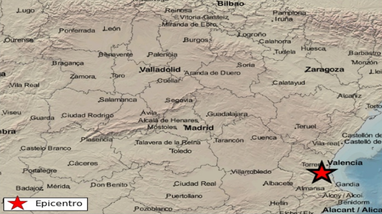 Mapa en el que se especifica el epicentro del terremoto registrado en Alginet (Valencia)