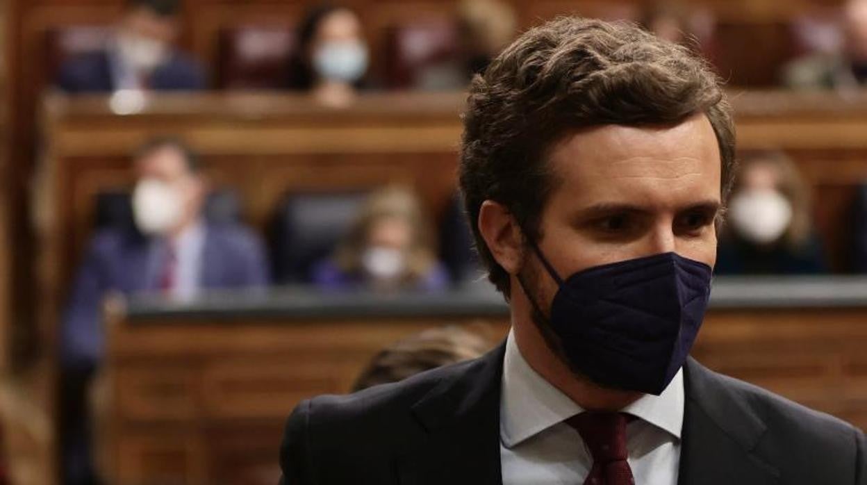 El líder del PP, Pablo Casado, en una sesión plenaria en el Congreso de los Diputados