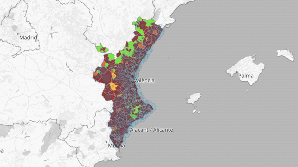 Mapa de la incidencia acumulada de coronavirus en la Comunidad Valenciana durante los últimos catorce días