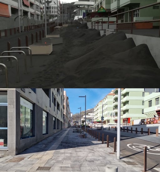 Antes y después de los trabajos de limpieza de ceniza en Puerto Naos